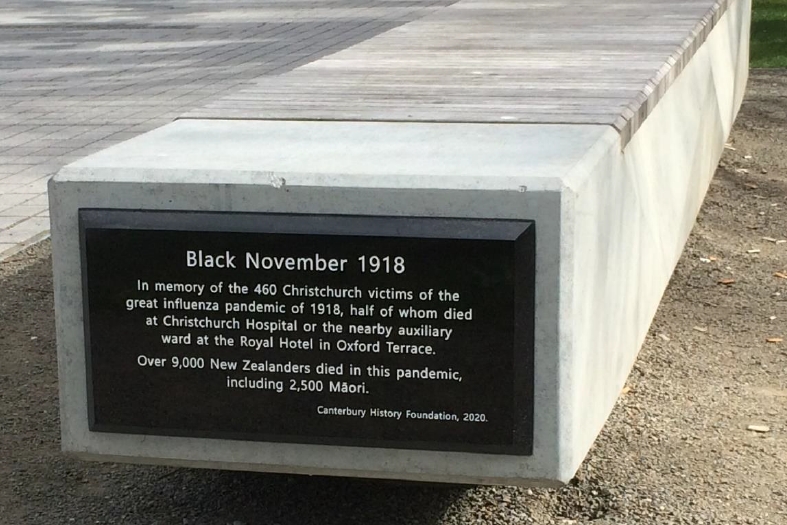 Black Flu memorial plaque installed near Christchurch Hospital in August 2020.